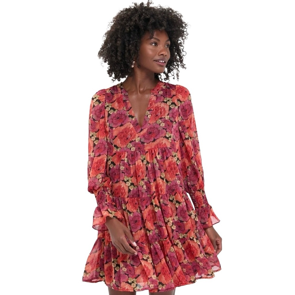 Pomander Place Kenzo Floral Babydoll Mini Dress Metallic Thread S